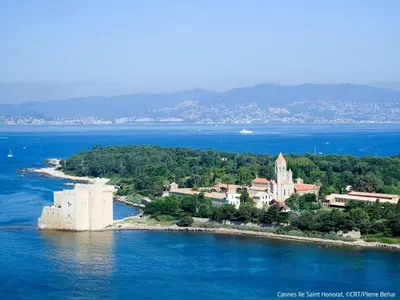 an island with a castle in the water at Apartment Cristal Croisette-1 by Interhome in Cannes