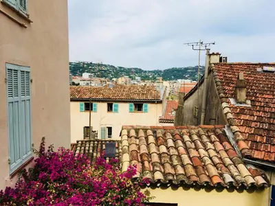 a view of roofs of buildings with pink flowers at Appart Suquet Avec Terasse Vue Mer in Cannes