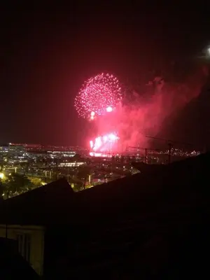 a firework display in the sky at night at Appart Suquet Avec Terasse Vue Mer in Cannes