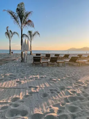a beach with chairs and umbrellas and palm trees at Fabulous Central 1BR - Prime Location - Walk to Croisette & Palais - By Totolulu Cannes Blue Corner in Cannes