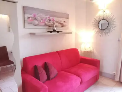 a pink couch in a living room with a mirror at Studio Cannes Croisette in Cannes