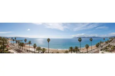 a view of a beach with palm trees and the ocean at Mer du Sud 4 YourHostHelper in Cannes