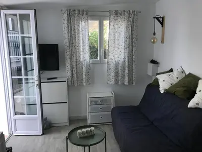 a living room with a couch and a television at Les fleurs in Cannes