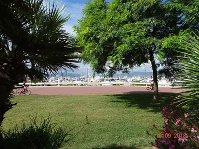 a park with trees and people riding bikes on a road at Palm beach Cannes Azur in Cannes