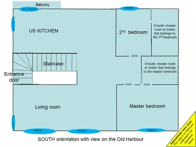 a schematic diagram of the os kitchen and its interaction with view on the old harbour at Top floor2 beds w/sea wiew in Cannes
