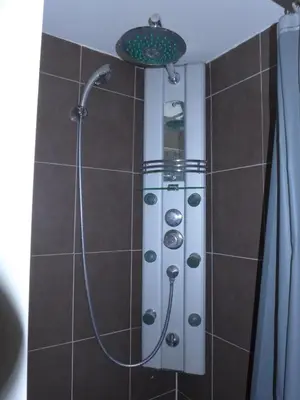 a shower in a bathroom with a shower curtain at 1 Bedroom Notre Dame 2 mins from the Croisette and the Palais 225 in Cannes