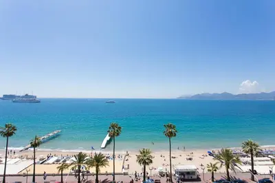 a view of a beach with palm trees and the ocean at SEA VIEW 3 beds next to Palais in Cannes