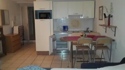 a kitchen with a table and chairs in a room at Studios Alea in Cannes
