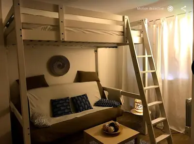 a bedroom with a bunk bed with a couch and a ladder at Colorful Studio Cannes in Cannes