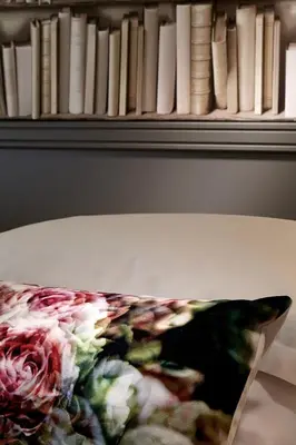 a pillow sitting on a table next to a shelf with books at Hotel America in Cannes