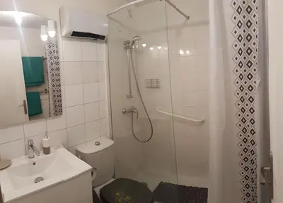 a bathroom with a shower and a toilet and a sink at Venizelos in Cannes
