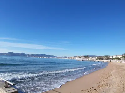a view of a beach with the ocean and buildings at Appartements 7 Florian in Cannes