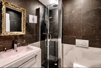 a bathroom with a shower and a sink and a mirror at Cannes Croisette Concorde Miramar in Cannes