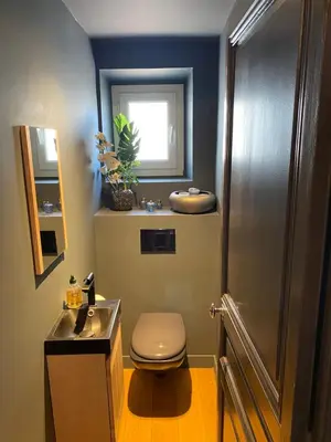 a bathroom with a toilet and a sink and a mirror at Pavillon Geneve in Cannes