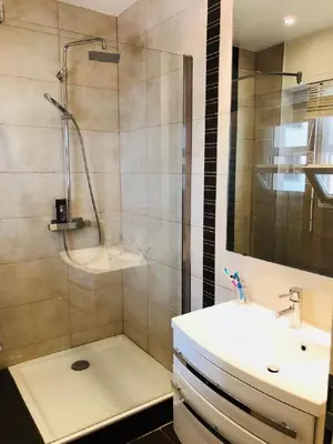 a bathroom with a shower and a sink and a sink at Ô Palais des Iles Two Bedroom Cannes in Cannes