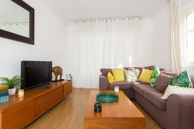 a living room with a couch and a tv at 2-Br Apartment 2 min from the Beaches in Cannes