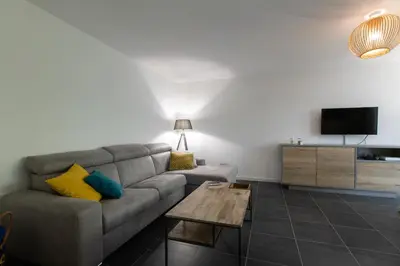 a living room with a couch and a tv at 2-Br with Garden and Pool in the Heart of Palm Beach in Cannes