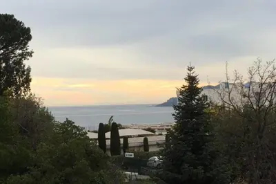 a view of the ocean from a hill with trees at Haven of Peace 1-Br Terrace with Sea View & Pool in Cannes