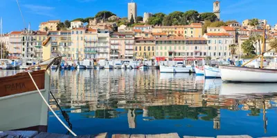a group of boats docked in a harbor with buildings at Joli appartement à côté du Palais des Festivals in Cannes