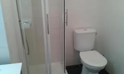a white bathroom with a toilet and a shower at Stella Apartment - Cannes in Cannes