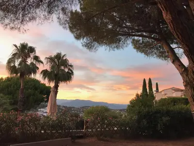 a view from the garden of a villa with palm trees at Haus mit Garten über der Bucht von Cannes in Vallauris