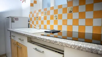 a kitchen with a sink and a tiled wall at Central Cannes, 200m to Palais, walk everywhere in Cannes