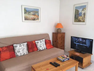 a living room with a couch and a tv at Lisa V apart in Cannes