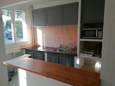 a kitchen with black cabinets and a sink and a window at Lisa V apart in Cannes