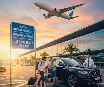 a family standing next to a car in front of an airport at Deux pièces proche Palais et plages in Cannes
