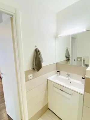 a bathroom with a sink and a mirror at Deux pièces proche Palais et plages in Cannes