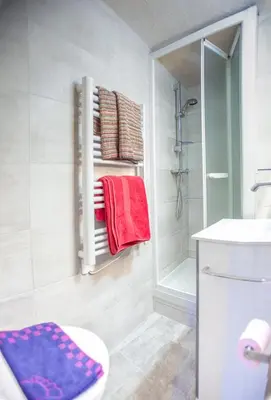 a bathroom with a towel rack and a shower at Studio Suquet Saint Antoine in Cannes