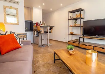 a living room with a couch and a tv at Très jolie studio au pied du Suquet Cannes in Cannes