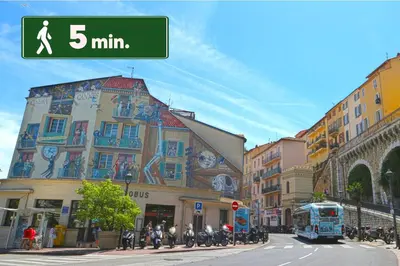 a city street with a sign that reads mins at Grand Studio Cannes Centre in Cannes