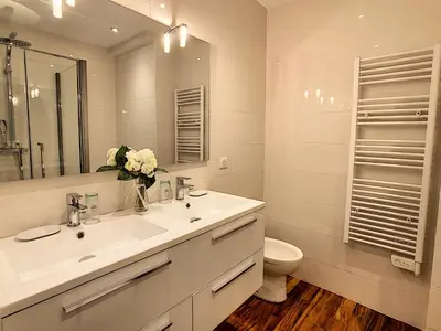 a bathroom with a sink and a toilet and a mirror at Grand studio cabine à côté des plages NER634 in Cannes