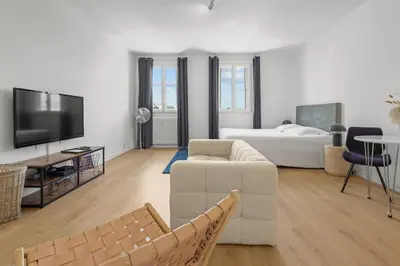 a living room with a couch and a tv and a bed at Magnifique appartement - 15 minutes a pieds PALAIS in Cannes