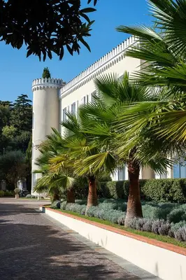 a white building with palm trees in front of it at Hôtel Château de la Tour Cannes in Cannes