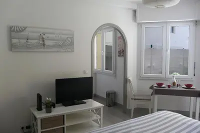 a room with a bed and a television and a table at Studio Terrasse in Cannes