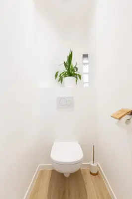 a white bathroom with a toilet and a plant at L'Albion YourHostHelper in Cannes