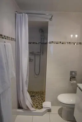 a bathroom with a shower and a toilet at ATH hôtel Athénée in Cannes