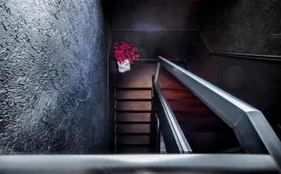 a stairway with a vase of red flowers on it at Hotel Schtak in Cannes