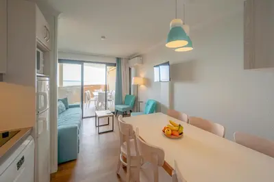 a kitchen and living room with a table and chairs at Résidence Pierre & Vacances Cannes Verrerie in Cannes