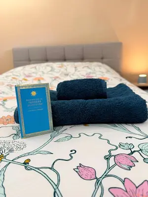 a bed with a blue pillow and a book on it at Le Gallieni in Cannes