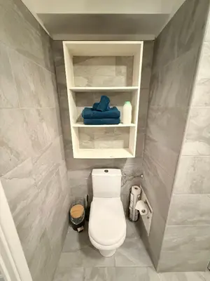 a small bathroom with a toilet and towels on shelves at Le Gallieni in Cannes