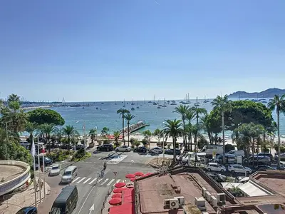 a view of a parking lot next to the ocean at Luxury 1 bedroom Croisette Martinez direct sea view 241 in Cannes