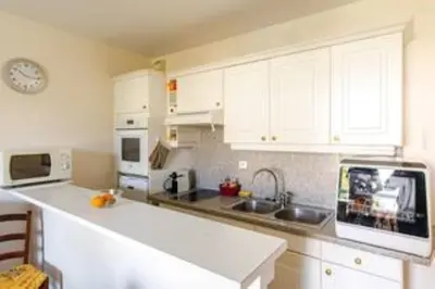 a kitchen with white cabinets and a counter top at Cannes près Croisette beau 2 pièces 3 étoiles in Cannes