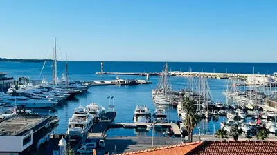 a group of boats docked in a harbor at O Festival Palace, terrace with panoramic sea view in Cannes