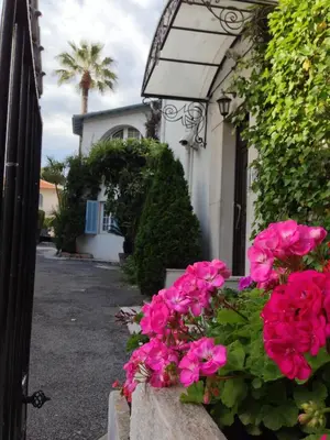 a bunch of pink flowers in front of a house at Hotel Alexandre III in Cannes