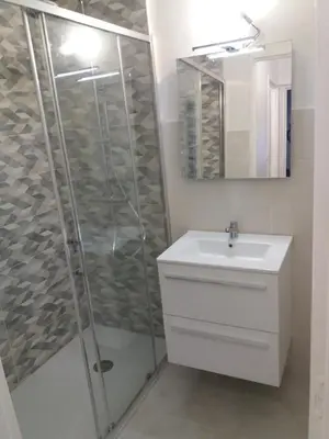 a bathroom with a sink and a shower at Appartement raffiné Cannes in Cannes