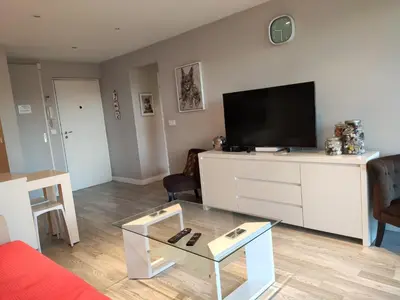 a living room with a tv and a coffee table at Très beau T2 dans parc montfleury ,proche centre ,au calme 44 bd Montfleury in Cannes