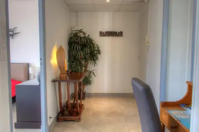 a room with a table and a plant in it at BEL APPARTEMENT PROCHE PLAGE ET CENTRE VILLE in Cannes